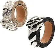 [Minkissy] 2Pcs Women Leather Belt with Buckle Snakeskin Zebra Wide Waist Belt for Dresses Jeans Pants Stylish Animal Print Strap Casual Formal Outfits
