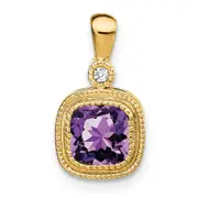 14K Yellow Gold Cushion Amethyst and Real Diamond Pendant