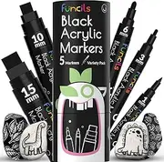 Funcils 5 Acrylic Black Paint Pen - Fine Tip, Thin Point & Jumbo Pens (1mm, 3mm, 6mm, 10mm, 15mm) - Black Paint Marker for Plastic, Canvas, Wood, Rock Painting, Fabric, Tire, Metal, Glass