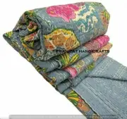 Queen Fruit Print Gray Summer Kantha Quilt Boho Cotton Home Dorm D?cor Blanket