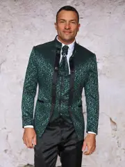 NWT 38R JADE BANNED COLLAR MENS SUIT, SLIM FIT, 2 SIDE VENT, FLAT FRONT PANTS,