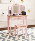 Pretend Play Kids Vanity Set with Mirror and Stool, Kids Make Up Vanity Desk ...
