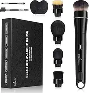 360° Electric Rotating Makeup Brush Set, 5 Vegan Brush Heads, Rechargeable Blending Face Brushes For Foundation, Blush, Powder, Bronzer, Contour, Highlight & Airbrush Finish, Flat Kabuki Brush
