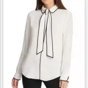 DKNY Piped Trim Tie Front Button Down semi sheer Blouse white Petite L