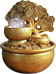 Waterfall Fountain Gold Money Tree Shape Fountain, Feng Shui Ornaments, Tabletop Fountain with Transfer Ball, Soothing Sound Water Fountains Flowing Water Ornaments