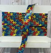 Autism Awareness Jigsaw Puzzle Pieces Bright Colors Ribbon 7/8" Satin 4 Yards