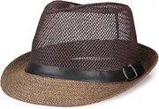 [Huloretions] Straw Fedora Hat for Men Packable Short Brim Roll Up Trilby Hat Panama Summer Beach Sun Hat UPF 50+ Foldable Floppy Travel Packable Staw Hat, Coffee Color, Medium