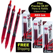 Pilot Precise V5 RT Red Ink, 0.5mm Extra Fine, 3 Pens With 3 Packs Of Refills