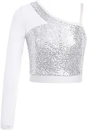 [Riismen] Kids Girls Shiny Sequins Dance Crop Top Single Shoulder Hip Hop Jazz Dance Shirts Performance Costume