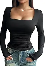 [AOWVUTS] Long Sleeve Women's Basic Slim Fit Top Elegant Square Neck Long Sleeve Crop Top Sexy Tight Ribbed Top Stretch Crop T-Shirt Casual Plain Blouse Tee Shirt