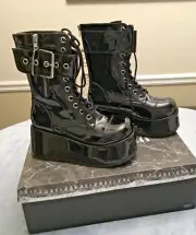 Demonia Petrol 150/B Black Platform Patent Leather Boots MENS 9/ WOMENS 11