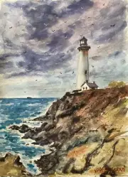Watercolor Original Painting Lighthouse On Cliff View 11" x 15" NOT A PRINT