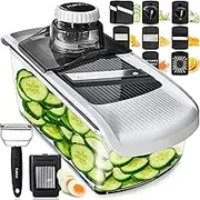 Fullstar Mandoline Slicer for Kitchen, Fruit Cutter, Cheese Grater, Cucumber Slicer, Veggie Spiralizer, Food Cutter & Kitchen Gadgets with Safety Glove (11 in 1, White)