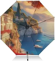 [PDZRMY] Landscape House UV Protection Travel Umbrella Compact for Rain and Sun - Auto Open and Close UPF 50+ Windproof Portable 46” Sun Umbrella for Women and Men