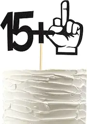 Arthsdite 15+1 Middle Finger Black Glitter Cake Topper - 16th Birthday Party Decorations - Funny Sixteen Years Old Birthday Party Supplies