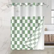 Sage Green Checkered No Hook Shower Curtain with Snap in Liner Set, Cute Retr...