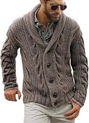 Mens Cable Knit Cardigan Sweater Shawl Collar Loose Fit Long Sleeve Casual Cardigans