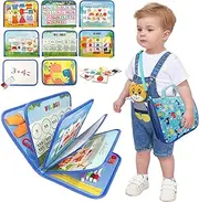 TUNJILOOL Montessori Busy Book - 10-Page Sensory Activity Board with Shoulder Strap & Wipeable Whiteboard, Travel Learning Toy for Fine Motor Skills