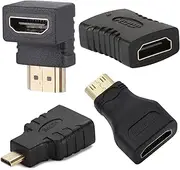 HDMI Adapter Kit 4 Pack, Right Angle HDMI 2.1 Male to Female, Include Mini HDMI, Micro HDMI, Female to Female Connector, 3D 4K Supported Extender