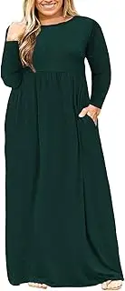 [Nemidor] Women Long Sleeve Loose Plain Casual Plus Size Long Maxi Dress with Pockets (28, Green+Sleeve)