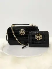 NWT Tory Burch Black Britten Croc Chain Top Handle Case Crossbody Bag + Wallet