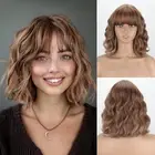 Light Brown Wavy Wig with Bangs Short Synthetic Curly Blonde Brown Highlight
