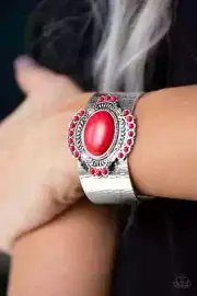 Paparazzi "Canyon Crafted" Fiery Red Stones & Hammered Silver Cuff Bracelet