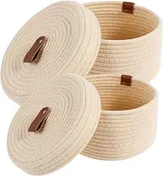 GOKENA 2 Pcs Storage Basket with Lid Round Cotton Rope Storage Basket Cotton Rope Woven Storage Basket Decorative Baskets with Lids Small Storage Bins for Home Bathroom Decor and Organizing (Beige)