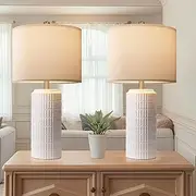 Webcem Ceramic Bedside Table Lamps Set of 2 with 3 Color Temperatures, Modern Lamps for Living Room Bedroom Bathroom Office Hotel Entrance Hall, Nightstand Lamps with White Linen Shade
