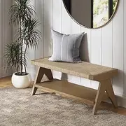 [Nathan James] Beacon Bohemian Bench Seat with Shoe Storage, Seagrass Entryway or End of Bed Bench with Solid Wood Frame, Brushed Light Brown