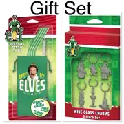 Elf Movie Wine Glass Charms + Straws 12PC SET Buddy Stnl Steel Metal Pouch Brush