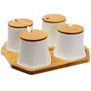 Elama Ceramic Spice Jam Salsa Jars with Bamboo Lids, Tray, and Serving Spoon