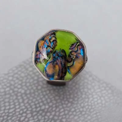 Antique Button Ring, Czech Glass Green with Opalescent