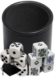 White Pip & Poker Dice Spades Ace w/Pouch +PU Leather Dice Cup Black Felt Lined