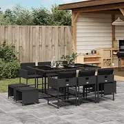 11 Piece Garden Dining Set with Cushions Black Poly Rattan Patio Bar Sets