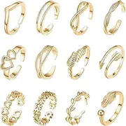 [BakeWhiz] 12 Pcs Gold Rings for Women Set Stacking Rings Jewellery Knuckle Rings Women Gold Adjustable Open Filled Toe Rings Hawaiian Summer Beach Foot Jewelry Ladies Gold Ring Set for Mother's Day Birthday,