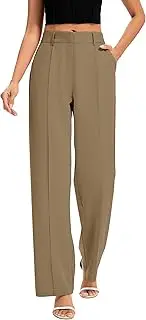 [FUNYYZO] Long Dress Pants Women High Waisted Work Pants Dressy Casual Straight Leg Elastic Waist Trousers, Khaki, Medium