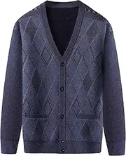 [Generic] Men's Casual Argyle Cardigan Sweaters Button Up Wool Blend Cardigan V Neck Soft Knitted Plaid Pockets Sweaters