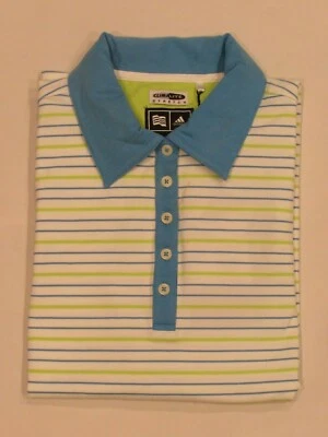 NEW LADIES’ ADIDAS GOLF CLIMALITE STRIPED SHORT SLEEVE POLO, MEDIUM, WHITE/SPA