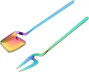 FUNOMOCYA 2pcs Shape Stainless Steel Dessert Forks Mixing Spoons Assorted Color Easy to Clean for Fruits Desserts Ice for Home Cafes Restaurants