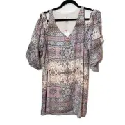 Parker Mandala Shift Mini Dress Womens XS Pink Cold Shoulder 3/4 Sleeve NEW