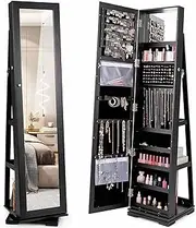 Giantex 360 Rotating MirroredJewelry Cabinet, Free Standing Jewelry Armoire, 2-in-1 Lockable Large Capacity Jewelry Organizer w/Full Length Mirror, Inside Makeup Mirror, Coffee/Brown (Black)