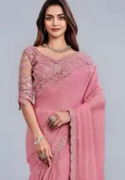 AKHILAM Women's Chiffon Embellished Saree With Unstitched Blouse Piece (Heavy )