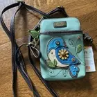 Chala Teal Blue Bird Purse Crossbody Cellphone Adjustable Strap Vegan “Leather”
