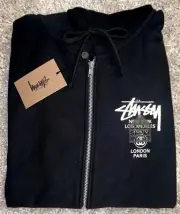 Stussy x Dover Street Market x DSM World Tour Black Zip Up Hoodie Mens Large NWT