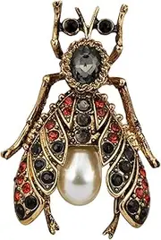 [Knighthood] Brooch Lapel Pin for Men Red And Black Stone Bee With Pearl Detailing Broochfor Suit Tuxedo of Shirts Tie Hat Scarf, Standard, Brass Zinc, No Gemstone
