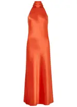 Galvan Sienna Halterneck Satin Midi Dress - Coral - 42 (UK14 / L) 42 (UK14 / L)