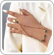 [Wendalern] Goth Crystal Chain Hand Bracelet Emerald Snake Finger Ring Bracelet Gold Ring Chain Snake Bracelet Slave Wrist Bracelet Hand Harness Hallowen Fashion Jewellery for Women and Girls