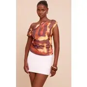 Dark Orange Tie Dye Print Floaty Woven Ruched One Shoulder Top, Dark Orange