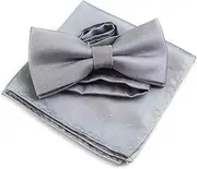 [Zasel] Mens Silver With Silver Stars Matching Bow Tie & Pocket Square Set
